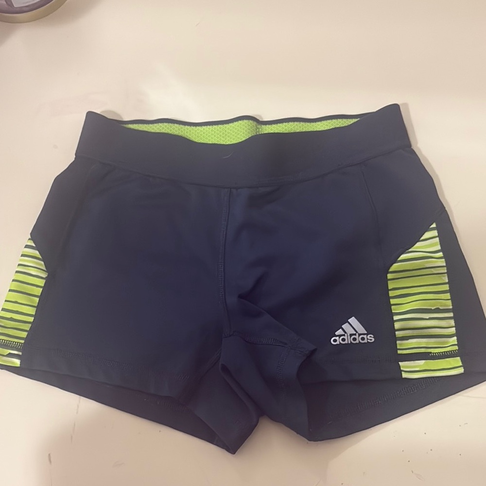 Adidas Navy and Neon Green Athletic Shorts